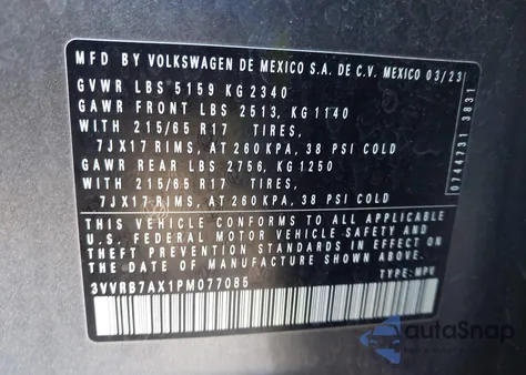 2023 Volkswagen Tiguan 2.0T S z USA, uszkodzony, nr VIN 3VVRB7AX1PM077085